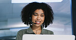 Business, laptop and smile of woman in call center for feedback, problem solving or support. Computer, customer service and headset with happy agent at work for help as virtual assistant from below