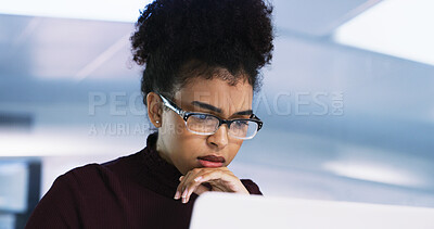 Buy stock photo Confused, business and woman with laptop in office for bad news, online criticism and article error. Stress, person and pc with negative feedback, false source and submission mistake for publication