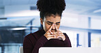 Stress, woman and headache with laptop in office for bad news, online criticism and article error. Person, migraine and pc with negative feedback, false source and submission mistake for publication