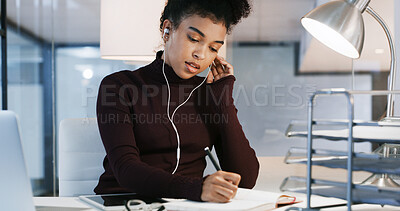 Buy stock photo Earphones, notebook and planning with business woman at desk in office for agenda or schedule. Music, technology and writing with employee person in workplace for appointment or calendar management