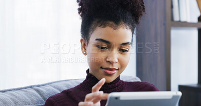 Buy stock photo Streaming, scroll or woman in house with tablet, social media post or video search on digital app. Browse, movie binge or girl with tech, multimedia or online show with entertainment subscription.