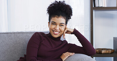 Buy stock photo Property, portrait and woman on sofa with pride, fresh start and investment in dream house. Success, real estate and female person in home with happiness, relocation or achievement for new homeowner.