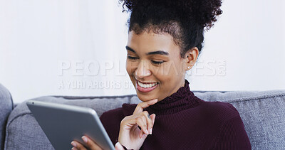 Buy stock photo Streaming, happy or woman in house with tablet, social media scroll or video search on digital app. Browse, space or girl with tech, multimedia post or show binge with entertainment subscription.