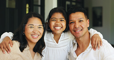 Buy stock photo Portrait, smile and parents with daughter in home for bonding, happy family and support for connection. Happiness, trust and people with child in apartment, security and care from loving relationship