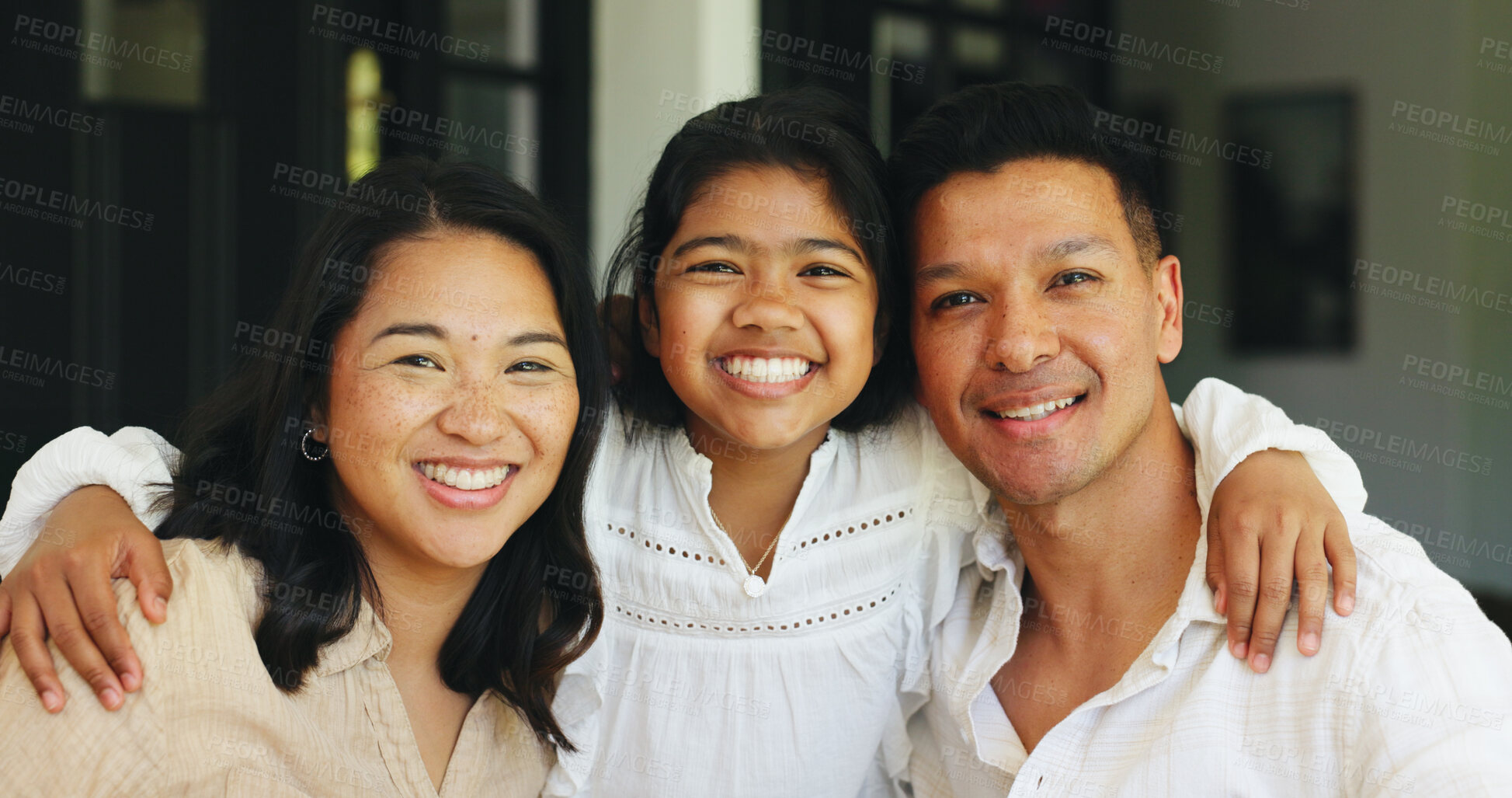 Buy stock photo Portrait, smile and parents with daughter in home for bonding, happy family and support for connection. Happiness, trust and people with child in apartment, security and care from loving relationship