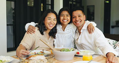 Buy stock photo Portrait, family dinner and daughter hug parents in home, holiday bonding and sharing meal together. Happy people, healthy food and child with embrace for connection, nutrition and support at table
