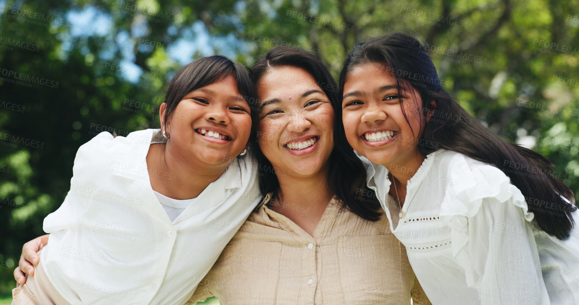Buy stock photo Happy, nature and portrait of mother with children for hug, care and bonding together on holiday. Smile, connection and mom embracing girl kids for growth, development and family outdoor in park.