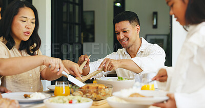 Buy stock photo Family dinner, child and parents serving food in home, holiday feast and cutting chicken for meal time. Hungry, daughter and people at table for supper, eating together and weekend event for bonding