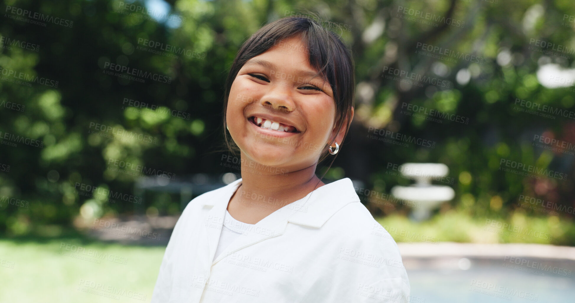 Buy stock photo Smile, portrait and backyard with child at swimming pool for summer vacation, weekend break and youth. Happiness, relax and outdoor with girl in garden of house for holiday, calm and neighborhood