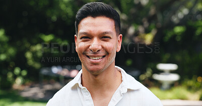 Buy stock photo Outdoor, portrait and man with smile, confident and fresh air in nature, space or wellness on break. Happy, person and peace at park, holiday and travel on weekend, pride and excited in Mexico