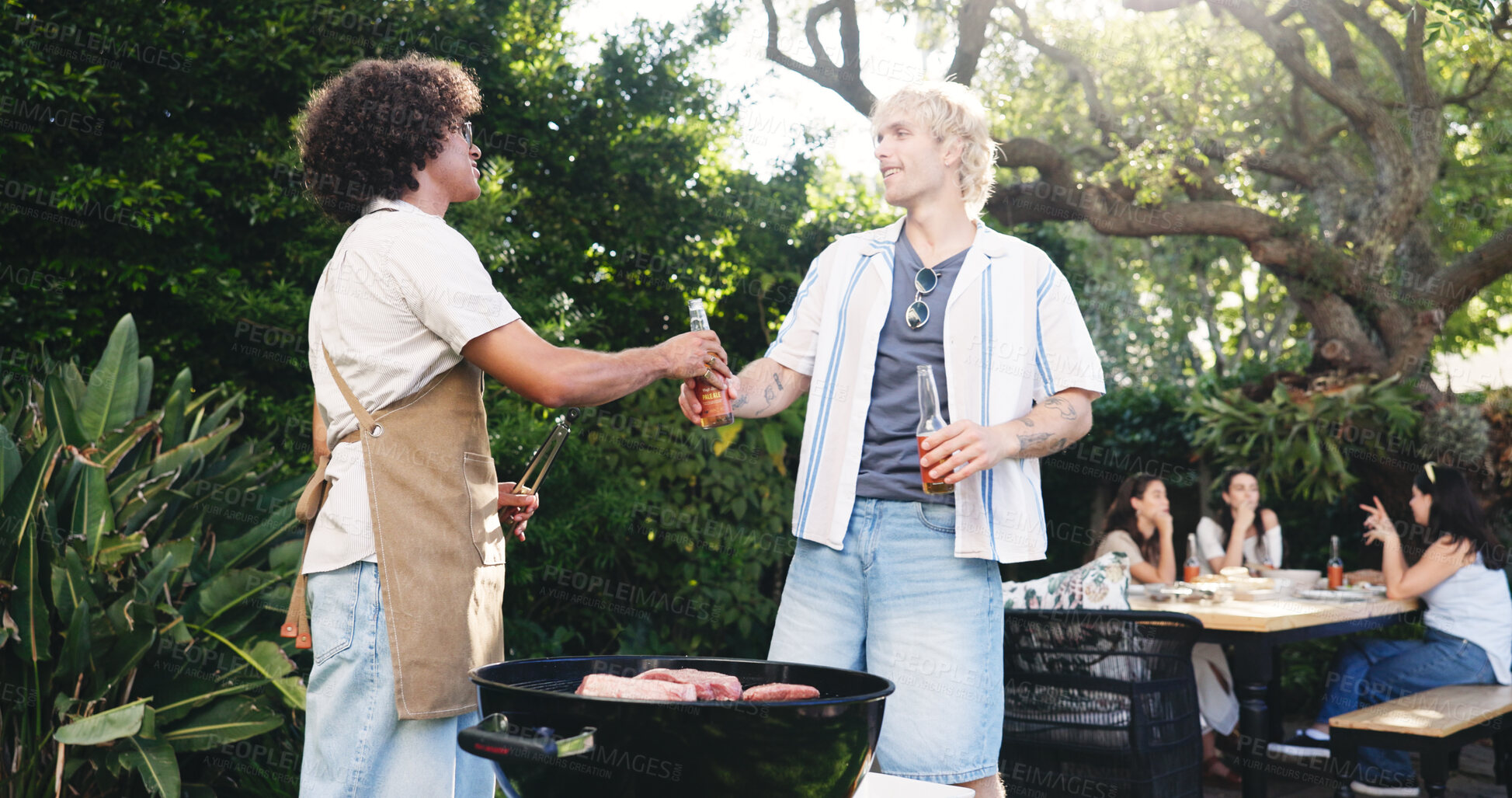 Buy stock photo Backyard, barbecue and people with drinks outdoor for party, social gathering and cookout on weekend. Cooking, hangout and friends with alcohol, food and bbq for celebration, lunch and vacation