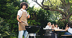 Backyard, barbecue and man with grill outdoor for party, social gathering and cookout on weekend. Cooking, hangout and portrait of person with friends, food and bbq for meal prep, lunch and holiday