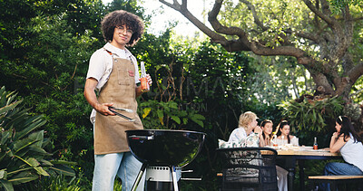 Buy stock photo Backyard, barbecue and man with grill outdoor for party, social gathering and bbq on weekend. Cooking, alcohol and portrait of person with friends, food and drinks for meal prep, lunch and holiday