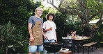 Portrait, barbecue and cooking with men outdoor for celebration, summer vacation and lunch. Weekend break, reunion with group of friends in nature for bbq cookout, food and party event together