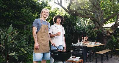 Buy stock photo Portrait, barbecue and cooking with men outdoor for celebration, summer vacation and lunch. Weekend break, reunion with group of friends in nature for bbq cookout, food and party event together