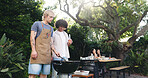 Help, barbecue and cooking with men outdoor for celebration, summer vacation and lunch. Weekend break, social reunion with group of friends in nature for bbq cookout, food and party event together