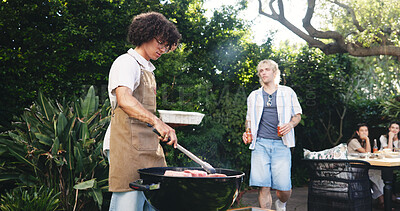 Buy stock photo Meat, barbecue and cooking with man outdoor for celebration, summer vacation and lunch. Weekend break, reunion with group of friends in nature for bbq cookout, food and party event