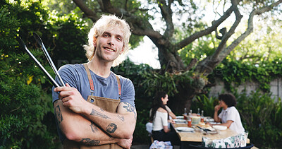 Buy stock photo Man, portrait and tongs in backyard for barbecue at house for reunion with confident cook outdoor. Arms crossed, smile and male person with utensil for BBQ, summer holiday and cookout with friends