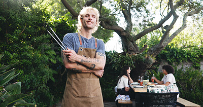 Buy stock photo Barbecue, lunch and portrait of man outdoor for cooking, social reunion and celebration event. Party, bbq grill and summer vacation with people in nature for cookout, weekend and holiday together
