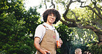 Barbecue, beer and portrait of man outdoor for cooking, social reunion and celebration event. Party, bbq grill and summer vacation with person and drink for cookout, weekend and holiday together