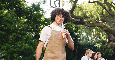 Buy stock photo Cookout, beer and portrait of man at barbecue outdoor for cooking, social reunion and celebration event. Party, bbq and summer vacation with person and drink for weekend, alcohol and holiday