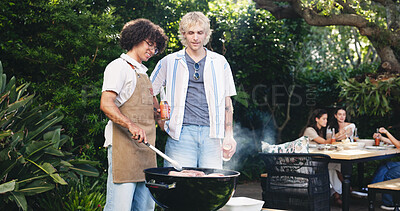 Buy stock photo Backyard, barbecue and friends with grill outdoor for party, social gathering and cookout on weekend. Cooking, hangout and happy people with meat, food and alcohol for meal prep, bbq and celebration
