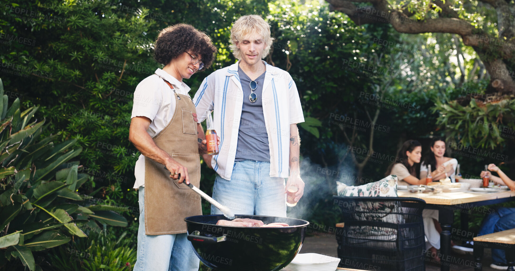 Buy stock photo Backyard, barbecue and friends with grill outdoor for party, social gathering and cookout on weekend. Cooking, hangout and happy people with meat, food and alcohol for meal prep, bbq and celebration