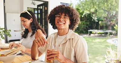 Buy stock photo Portrait, happy man and friends in home with beer for summer holiday, weekend hangout and lunch together. Person, smile and alcohol drink with food in house for party, bonding and social gathering.