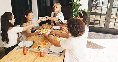 Buy stock photo Lunch, relax and help with friends in house for food, social reunion and summer vacation. Gathering, dining and party event with group of people eating in home for holiday and support together