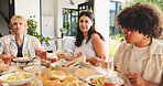Lunch, portrait and woman with friends outdoor for food, social reunion and summer vacation. Gathering, dining and party event with group of people eating in backyard of house for holiday and support