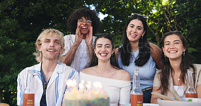 Buy stock photo Portrait, birthday cake and smile with friends outdoor for celebration pov, support and social. Achievement, candles and party event with group of gen z people in nature for drinks and lunch