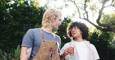 Buy stock photo Backyard, men and friends with conversation, party and bonding together with weekend break. Cookout, discussion and people with happiness, social gathering and reunion in garden, relax and alcohol