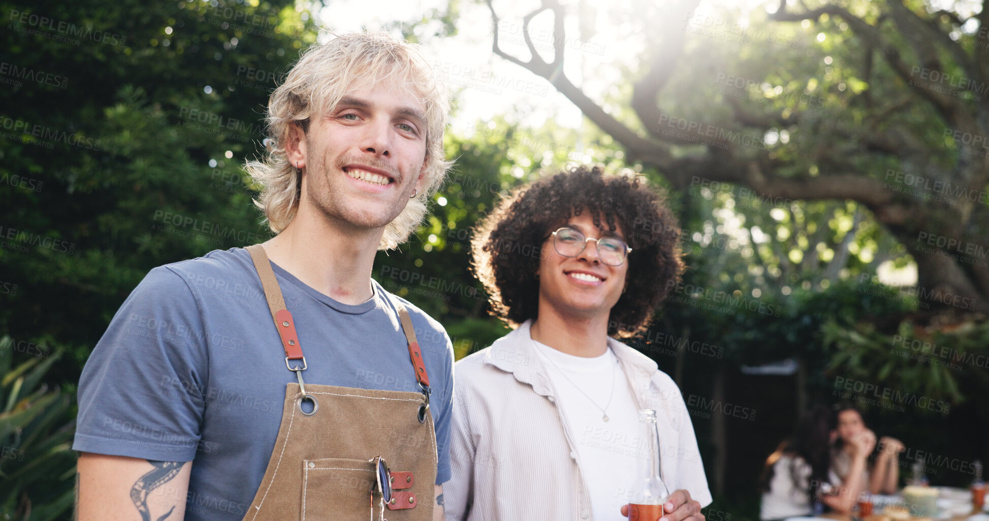 Buy stock photo Portrait, friends or people in backyard with cookout, bonding or good time in outdoor celebration. Connection, BBQ or men at house with happiness, holiday reunion or social gathering in New Zealand.