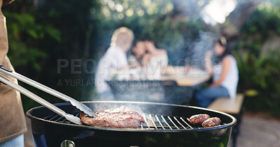 Buy stock photo Meat, barbecue and grill with tongs of person outdoor for cooking, summer vacation and lunch. Weekend break, beef steak and hotdog with friends in nature for bbq cookout, food and party event