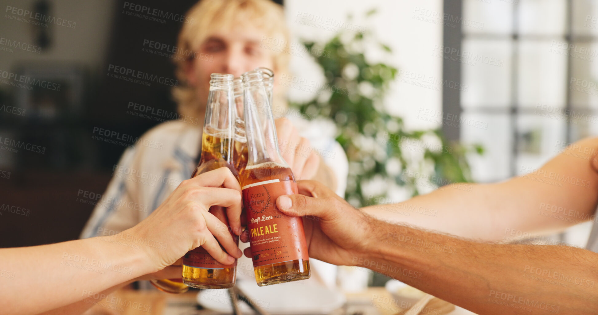 Buy stock photo Cheers, hands and beer with friends outdoor for weekend break, support and bonding. Congratulations, party event and toast with group of people and alcohol drink in backyard of home for lunch