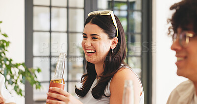 Buy stock photo Happy, woman and beer in home with friends for summer holiday, social gathering and bonding together. Female person, alcohol drink and beverage in house for refreshment, weekend hangout and party.