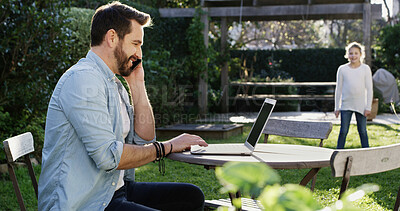 Buy stock photo Phone call, remote work and child with man in garden for multitasking, connection and business deal. Freelancer, combination and kid with father and laptop in backyard of family home for deadline