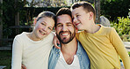 Portrait, father and happy children in backyard with hug, love and affection for bonding together. Dad, kids and smile outdoor with embrace, support and parent care for family connection on weekend.