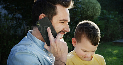 Buy stock photo Happy father, kid and talk with phone call, child care plan and back to school discussion in backyard. Dad, son and smile outdoor with technology, contact or conversation for kindergarten education.