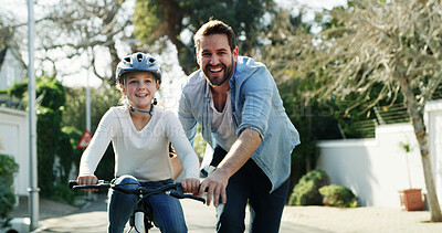 Buy stock photo Father, daughter and bicycle in street with help, training lesson and safety helmet for protection. Dad, girl child and smile outdoor with bike, cycling assistance and learning for skill development.