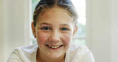 Buy stock photo Smile, growth and portrait with girl in home for child development, weekend break and relax. Happiness, peace and childhood youth with kid in living room of apartment for humor, calm and wellness