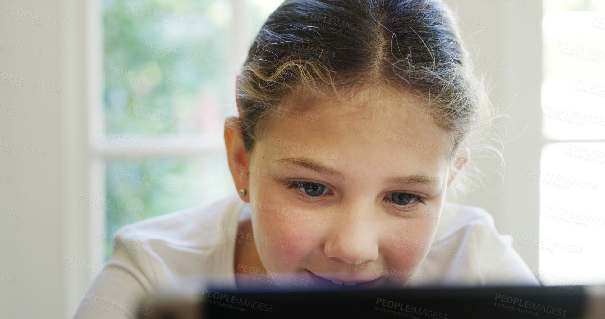 Buy stock photo Happy, girl and child with tablet at house for social media, browsing website and education video. Smile, kid and digital app for elearning, download games and streaming subscription of homeschooling