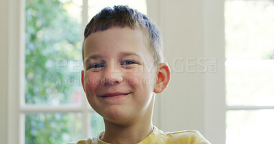 Buy stock photo Smile, growth and portrait with boy in home for child development, weekend break and relax. Happiness, peace and childhood with male kid in living room of apartment for youth, calm and wellness