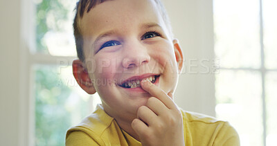 Buy stock photo Smile, thinking and child in home with idea for reflection, imagine or remember childhood memory. Cute kid, thoughts and vision in house with decision, development and boy with curious mindset