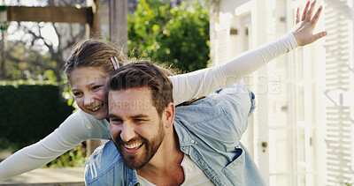 Buy stock photo Love, father or daughter in backyard with piggyback, trust or bonding together on summer break. Family, playful or people with connection, healthy relationship or child development in spring holiday.