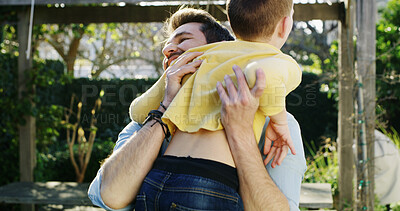 Buy stock photo Love, father or child in park with hug, trust or bonding together on summer break. Family, connection or people with embrace, healthy relationship or childhood development in spring getaway.