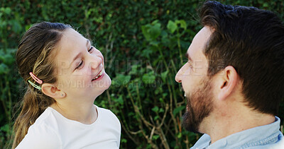 Buy stock photo Love, father or daughter in park with connection, security or bonding together on summer break. Smile, appreciation or people with trust, happy family or childhood development in spring getaway.