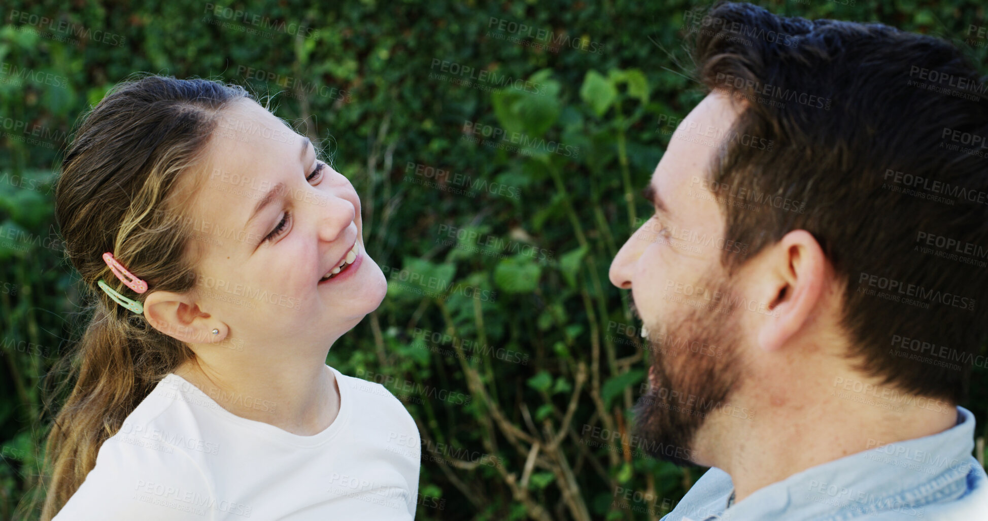 Buy stock photo Love, father or daughter in park with connection, security or bonding together on summer break. Smile, appreciation or people with trust, happy family or childhood development in spring getaway.