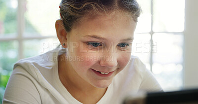 Buy stock photo Smile, child and reading with tablet at house for social media, browsing website and education video. Happy, kid and digital for elearning, download games and streaming subscription for homeschooling