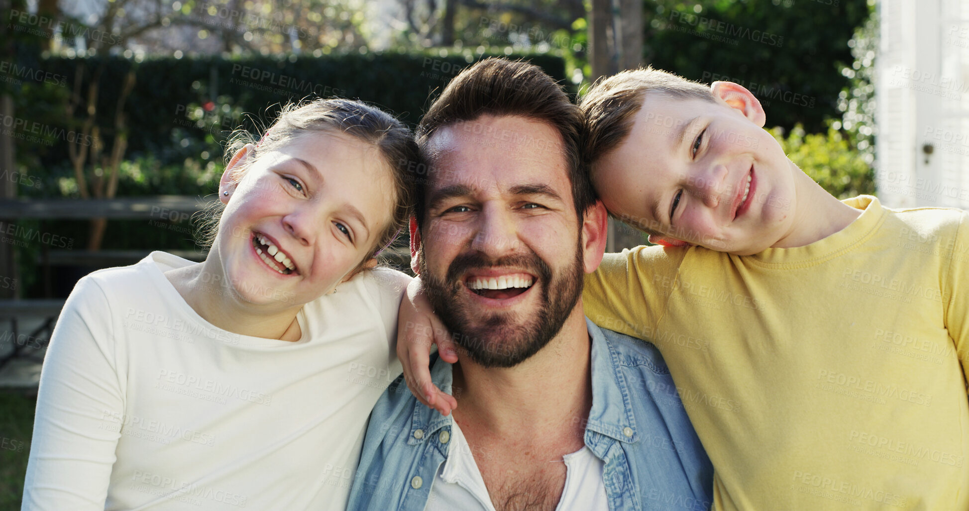 Buy stock photo Portrait, father and happy kids in backyard with hug, support and affection for bonding together. Dad, children and smile outdoor with embrace, love and parent care for family connection on weekend.